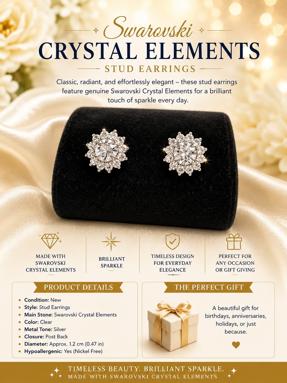 Clear Crystal Floral Stud Earrings in Silver Style 2